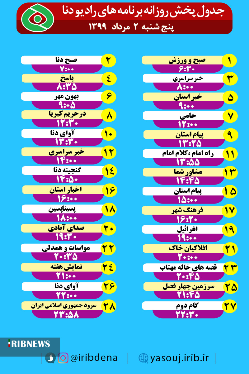 جدول پخش برنامه‌های رادیوی شبکه دنا