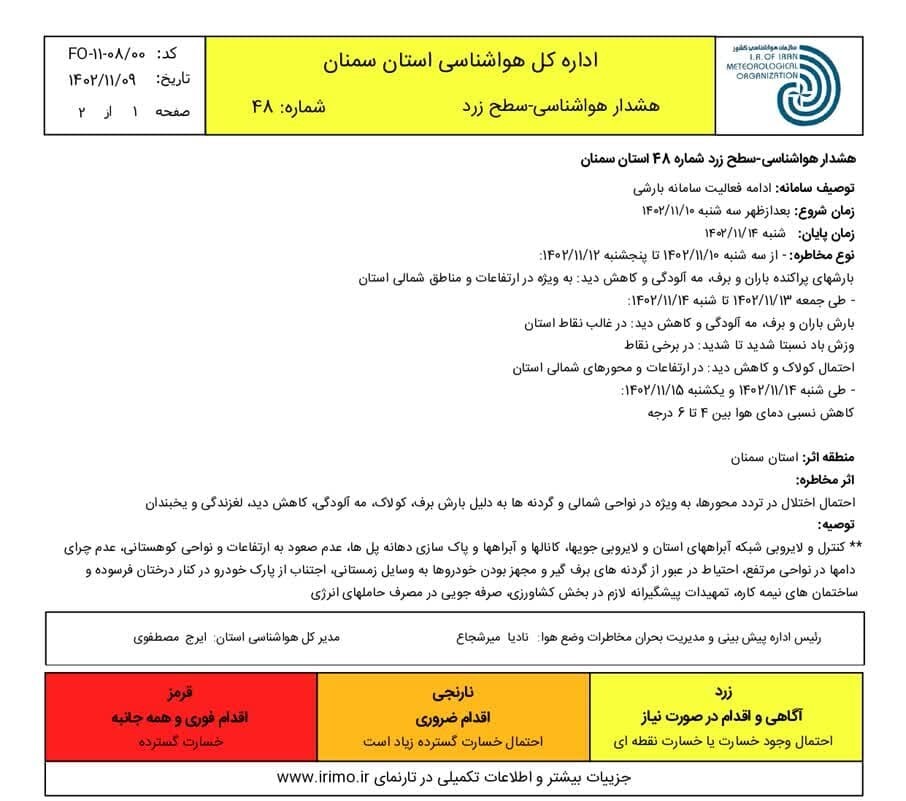 هشدار زرد بارندگی و کاهش دما در سمنان اعلام شد