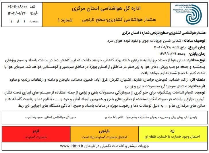 هشدار نارنجی هواشناسی کشاورزی برای استان مرکزی هشدار نارنجی هواشناسی کشاورزی برای استان مرکزی